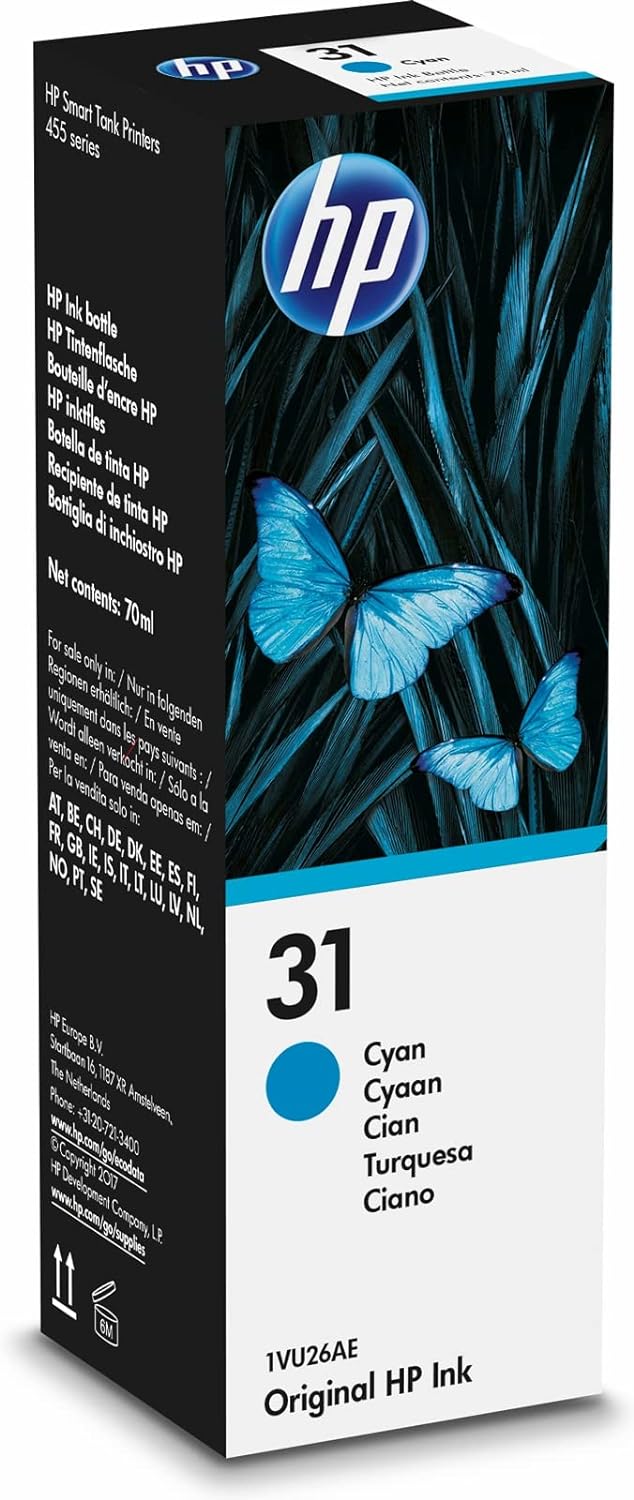 HP Original 31 - 70ml Ink Bottle, Cyan, Single Pack, 8000 Print Pages or Up To 3 Years of yield for HP Smart Tank Printers