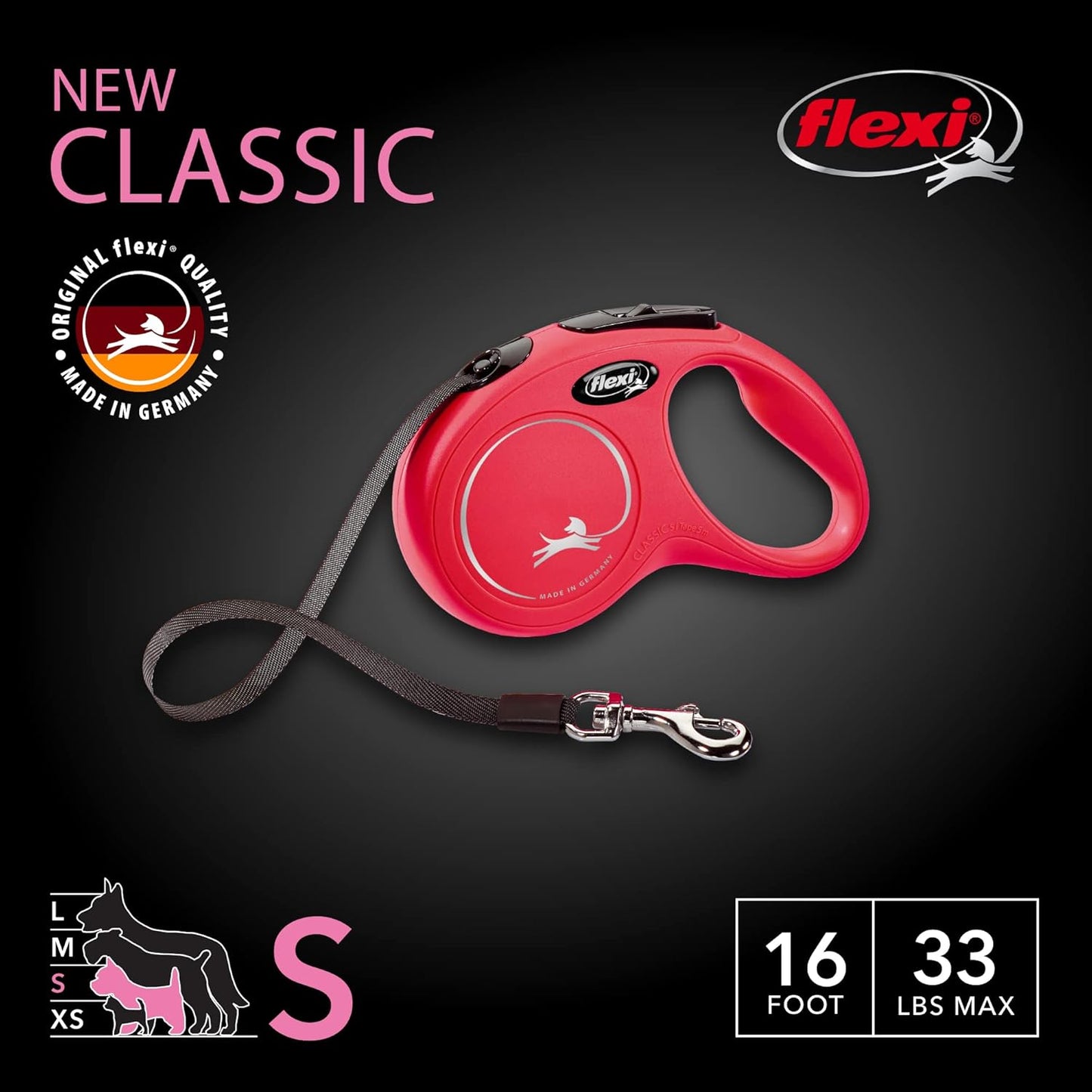 Flexi New Classic Retractable Leash, Red, S, 16ft
