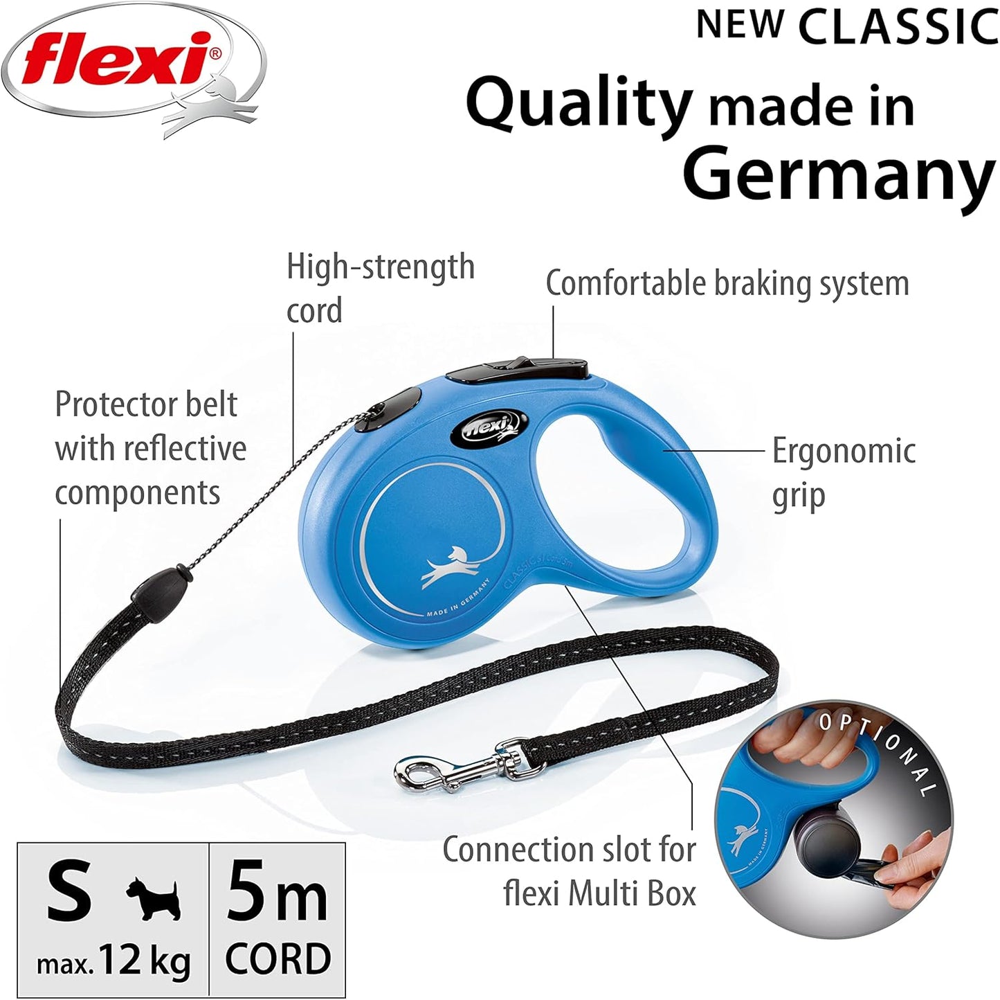 Flexi New Classic Retractable Leash, Blue, S, 5m