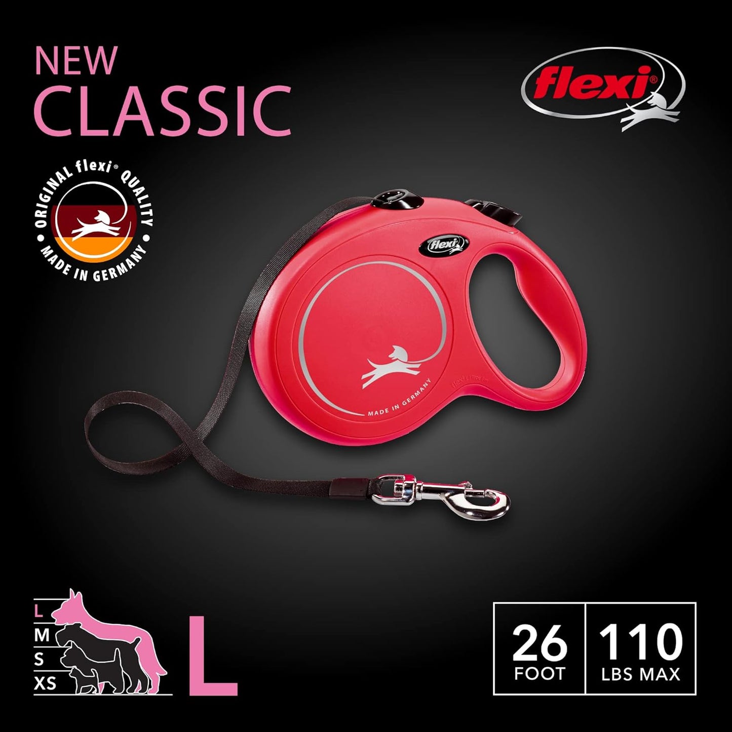Flexi New Classic Retractable Leash, L, 26ft