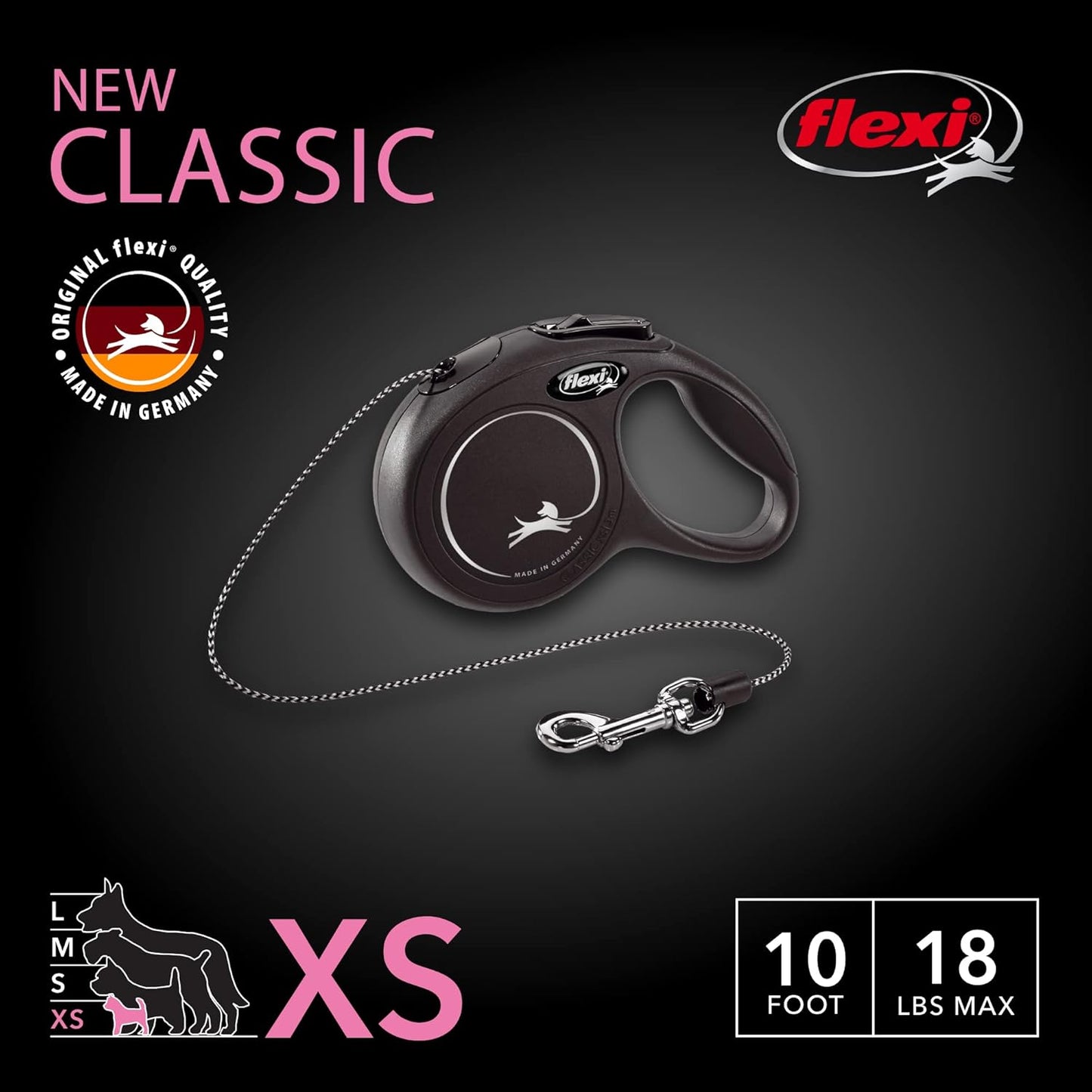 Flexi New Classic Retractable Leash, Black, XS, 10ft