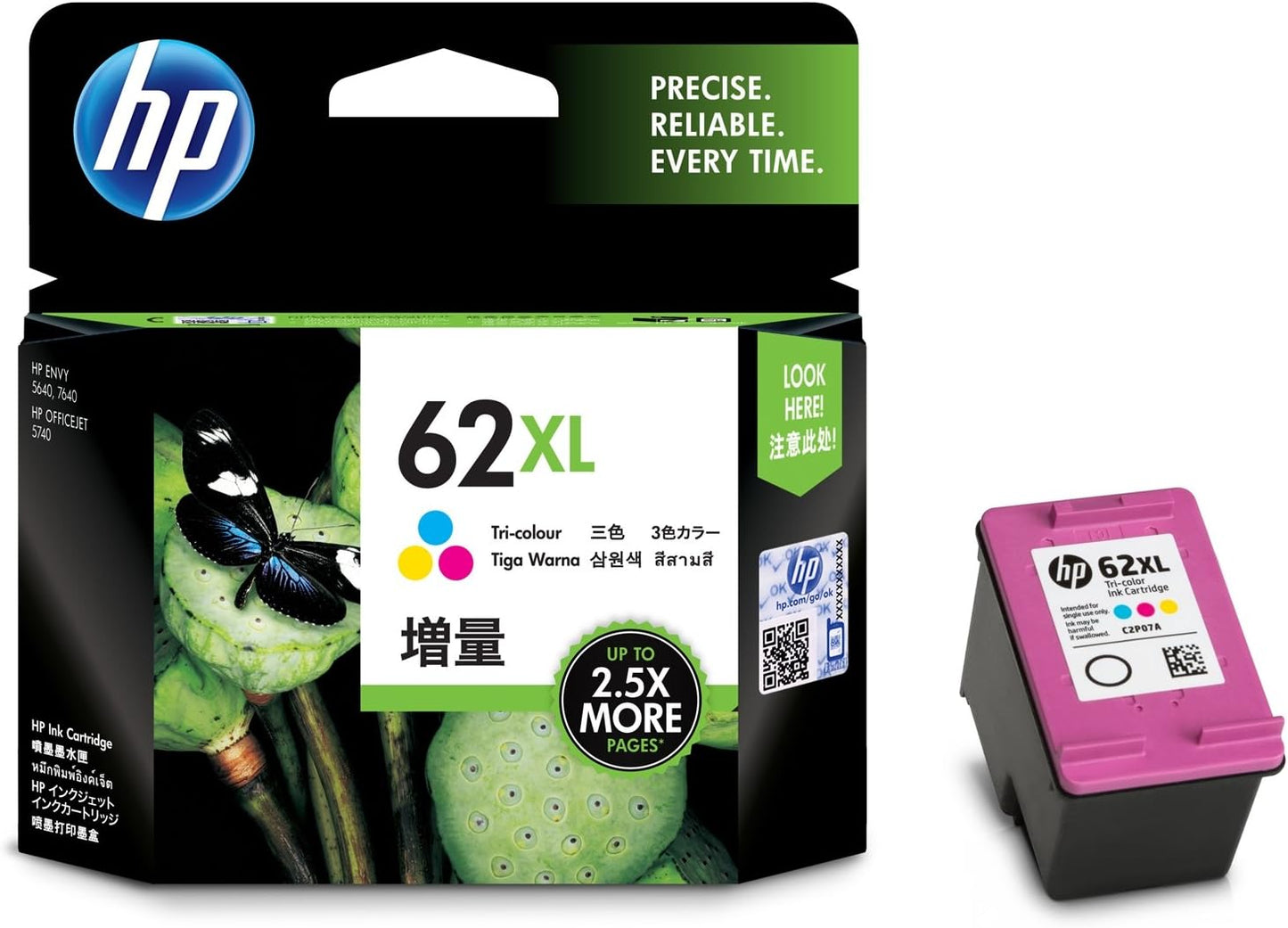 HP 62XL High Yield Tri-colour Original Ink Cartridge Page Yield 415 (P/N C2P07AE)
