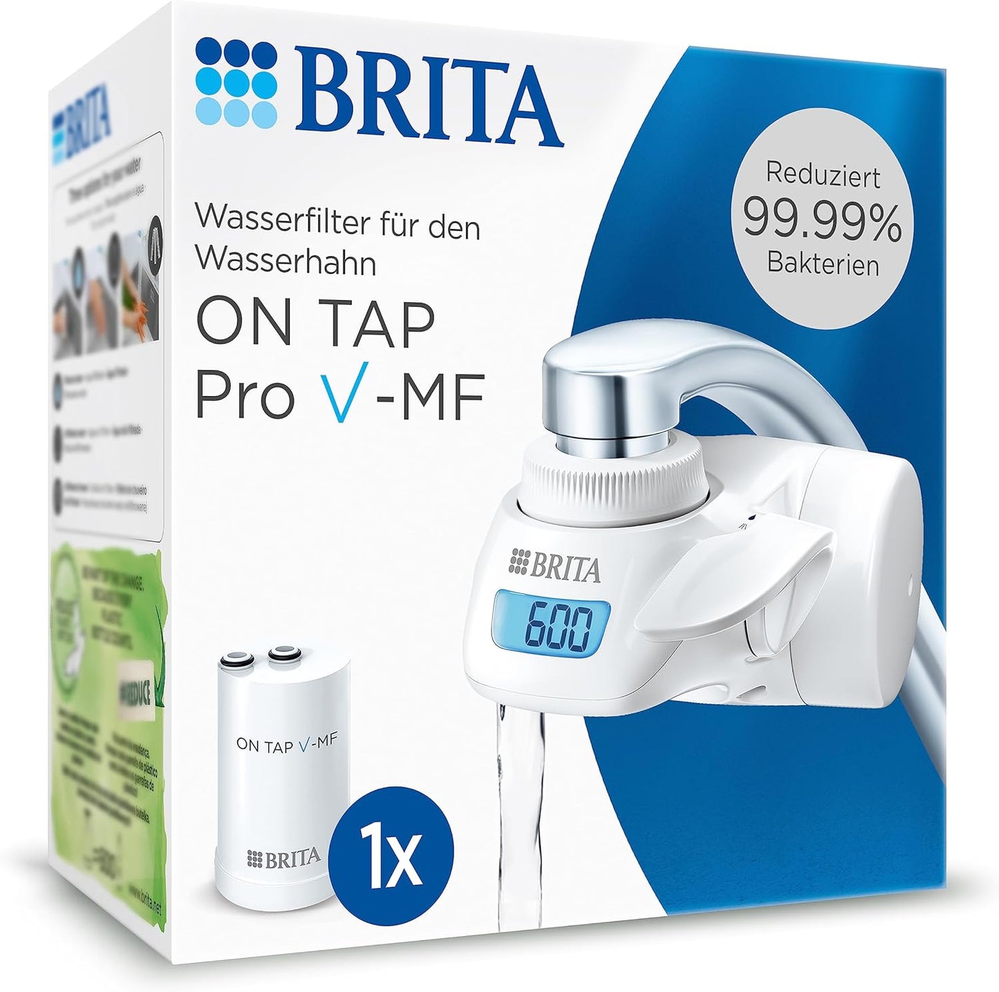 BRITA Water filter for tap on tap Pro V-MF, 1 filter cartridge (600 l), LCD display
