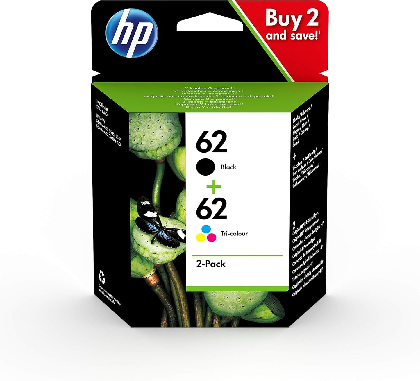 HP N9J71AE 62 Original Ink Cartridges, Black and Tri-color, Multipack