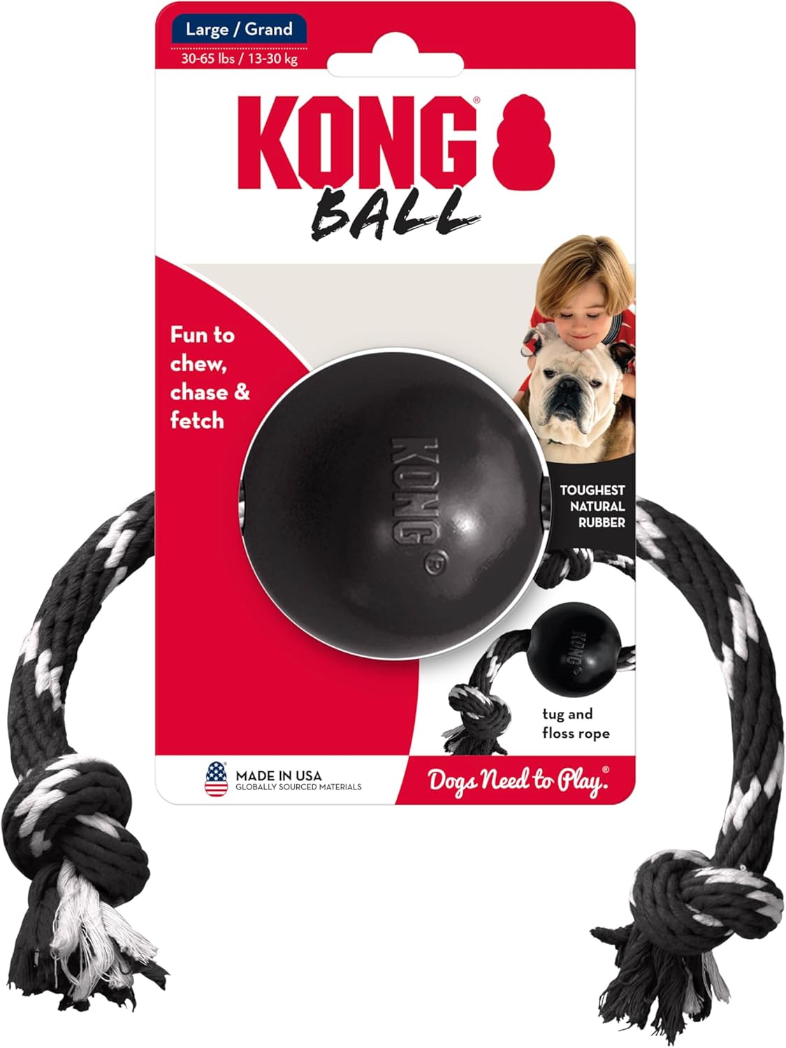 KONG Extreme Ball with Rope Fetch Toy, L, Black